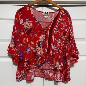 Jase Floral Bell Sleeve Blouse Womens M Red Cropped Boho 90s Western Core Ruffle
